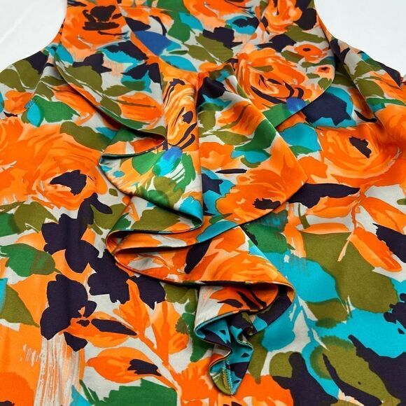 Gianni Bini orange and blue floral sleeveless ruffle neck top size M - Picture 10 of 16